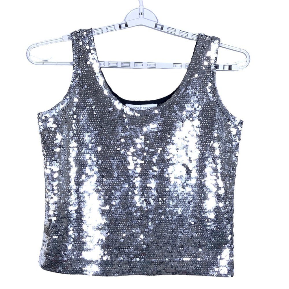 Eleanor P Brenner Sequin Tank Sparkling Scoop Neck Top Sleeveless Women Silver M - Picture 15 of 15
